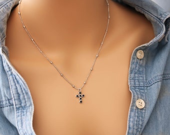 Black Cross Necklace, Silver Cross Necklace, Cross Necklace, Sterling Silver Cross Necklace, Cross Necklace for Women, Small Cross Necklace