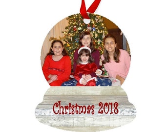 Custom Snow Globe Photo Ornament - Glossy metal ornament can be double sided!  Personalize with your cherished photos.