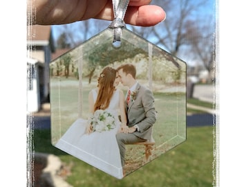 Glass photo suncatcher, beautiful photo ornament custom made with beveled edge. Square, hexagon & round shapes