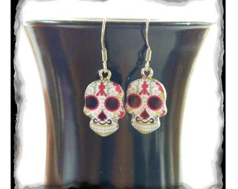 Sugar Skull Earrings, Day of the dead Dia de los Muertos earrings. Choose from 30+ beautiful colorful enamel charms on stainless steel hooks