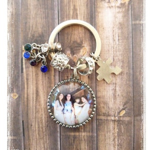 Photo keychain custom made with your picture.  Set in a beautiful 1&quot; round metal charm with tree of life on back