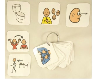 May include: A set of colorful picture cards with various images, including a toilet, a person with their arms raised, a person with their arms crossed, a person with their eyes closed, a person pointing to the right, and a person walking towards a table. The cards are on a white surface.