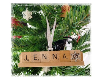 Scrabble Tile Ornament personalized with any name. Authentic engraved scrabble tiles permanently mounted on holders. Makes a wonderful gift!