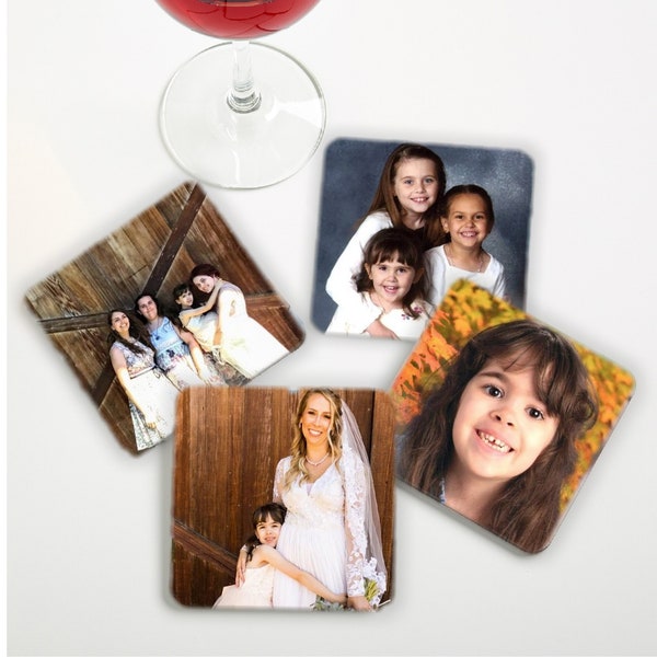 Photo coasters with cork backing personalized with your favorite pictures.  3.5" x 3.5" square coasters make a unique gift!