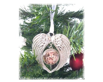 Memorial photo ornament, beautiful angel wings customized with a photo or saying. Remember your loved one or special pet this holiday!