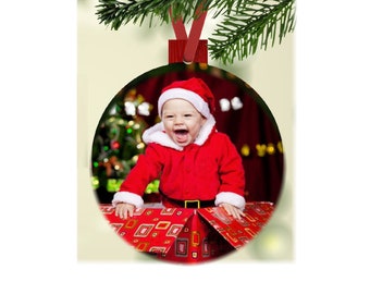 Custom photo metal ornament comes in two shapes, round and rectangle. Both can be double sided!