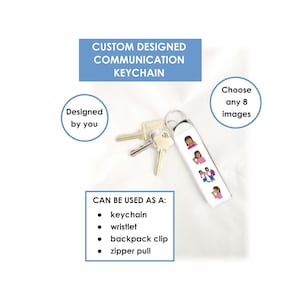 Visual communication aid, personalized fabric key fob keychain to help with communication.  Totally customized by you to fit your needs!