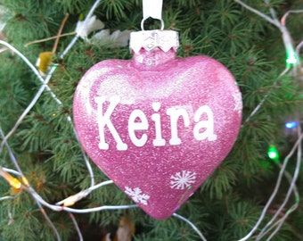 Custom Glitter Name Heart Shaped Ornaments. Personalize with your choice of glitter color. Makes a wonderful keepsake!