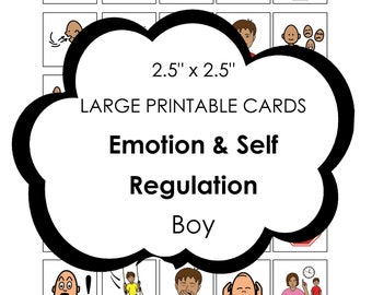 May include: A set of large printable cards, each 2.5" x 2.5", designed for emotion and self-regulation for boys. The cards feature simple illustrations depicting various emotions and actions, such as raising hands, using the toilet, and feeling sad.