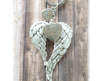 Angel wings keychain with the saying "you are always in my heart" heart shaped charm. Makes a beautiful keepsake or memorial gift