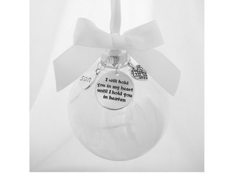 Angel Wing Memorial Ornament with metal charm saying I will hold you in my heart... beautiful round glass ornament filled with feathers