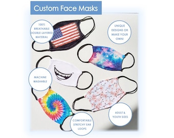 Custom Face mask double layer washable fabric made with cotton and polyester. Reusable.  Adult and youth sizes.  Can be personalized!