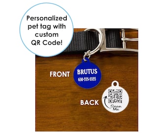 Personalized pet ID tags with a custom QR Code we create!  Heart, bone & circle shapes.  Pet name and # on one side, QR Code on reverse