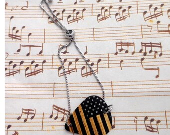 Guitar Pick American Flag design with an adjustable bracelet: rocker jewelry, gift for music lover.