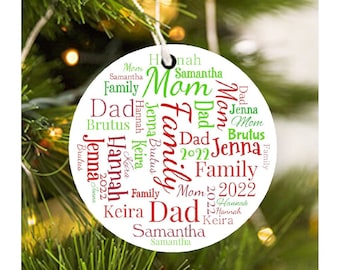 Word cloud name ornaments created with any names, words or phrases that are repeated.  Makes a unique and custom gift!