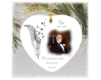 Personalized Memorial Photo Ornament: Bereavement Keepsake with Feather, Dandelion or Angel Wings