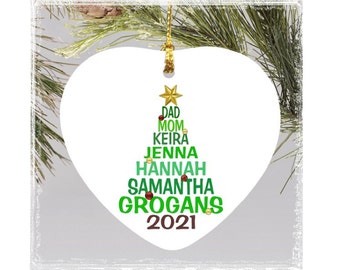 Custom name ornament. Names in the shape of a Christmas Tree. Choose from many shapes & styles. Completely personalized!