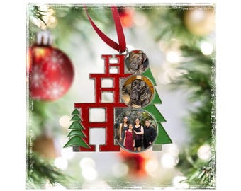 Personalized Christmas Metal Photo Ornament with three pictures of various sizes printed in the Os of the Ho Ho Ho!