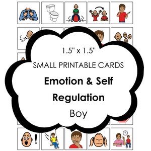 Puede incluir: Un conjunto de tarjetas imprimibles de 1,5" x 1,5" para niños que muestran imágenes relacionadas con la emoción y la autorregulación. Las tarjetas incluyen imágenes de un niño cubriéndose las orejas, un niño respirando profundamente, un niño balanceándose en un columpio y un niño cubriéndose la boca.