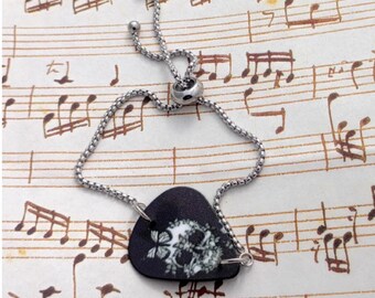Guitar Pick Skull design with an adjustable bracelet: rocker jewelry, gift for music lover.