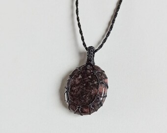 Rhodonite  macrame necklace / pendant ethnic jewelry natural stone Bohemian chakra energy gemstone hippie
