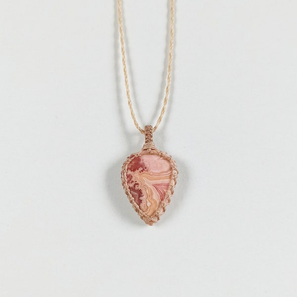 Rhodochrosite macrame necklace / pendant - SageMacrame Hippiechic jewelry, Natural stones, one of a kind pieces