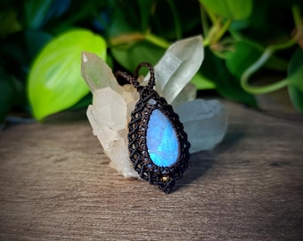 Rainbow Moonstone micro macrame necklace / pendant Bohemian jewelry with natural stone