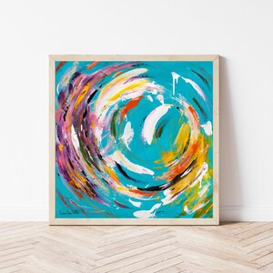 May include: Abstract painting with swirling brushstrokes in shades of pink, purple, yellow, orange, white, and black on a turquoise background.