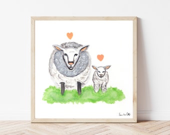 Sheep and Lamb Watercolor Print | Nursery Room Art | Children's Room Art Print