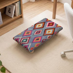 Colorful Kilim Footstool, Multicolor Ottoman, Southwestern Foot Rest, Upholstered Accent Stool, Wooden Leg Bench, Boho Decor