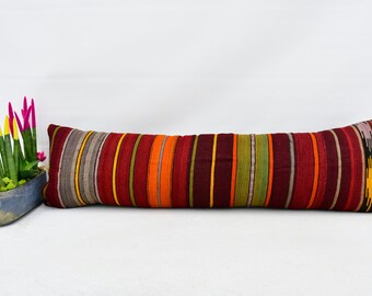 kilim pillow turkish pillow cushion 12x42 burgundy pillow striped pillow