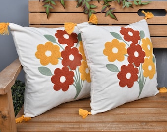 Funda de almohada de algodón bordada con flores de 40 x 40 cm (16 x 16 pulgadas) - Amarillo, terracota, estilo bohemio - Cojín floral de 40 x 40 cm