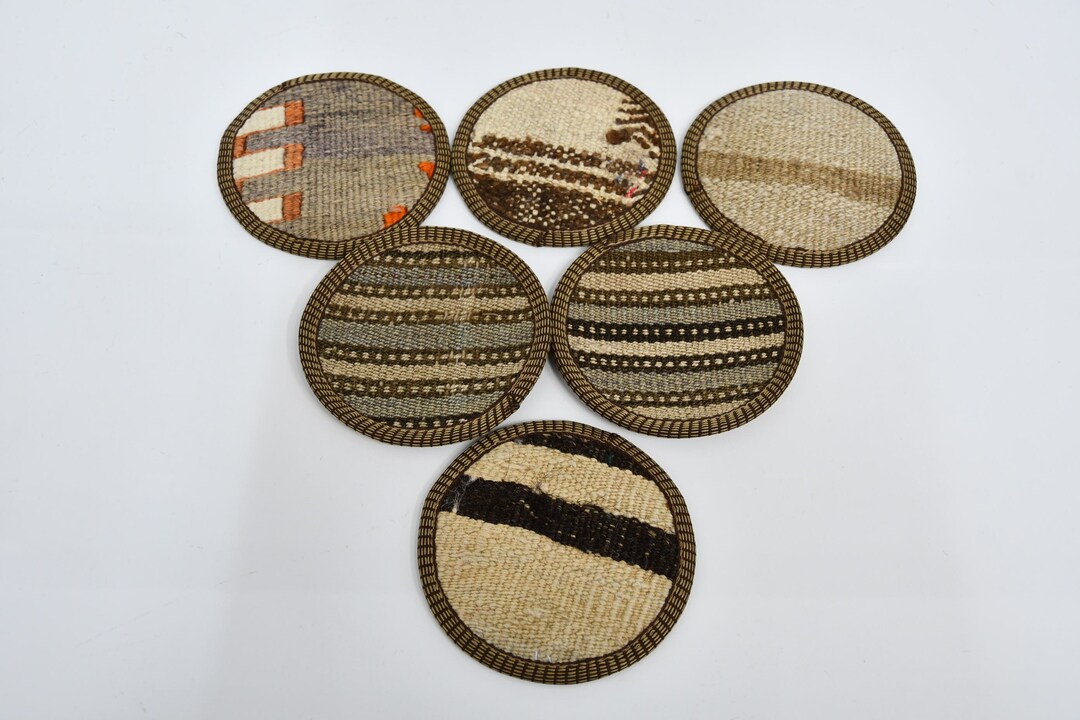 Round Rug Coasters Set of Six, Round Coaster, Rug Coaster, Beige Pad, Striped Pad, Natural ...