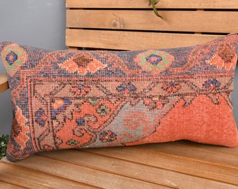 Kilim Cushion Sham, Vintage Pillow, 12x24 Pillow for Couch, Turkish Pillow, Red Pillow Cover, Bohemian Lumbar  Pillow, Rug Pillow,