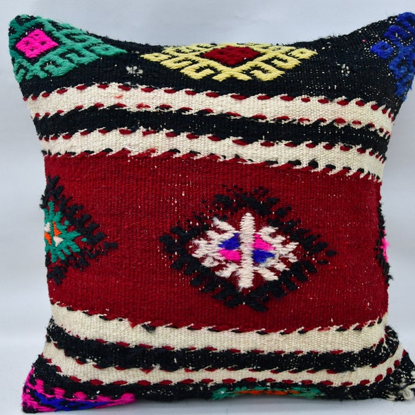 Throw Pillow Covers, Kilim Pillows, 16x16 Red Pillow Covers, Patterned Pillow Case, Handwoven Cushion, Nautical Throw Pillow Cover, 5744