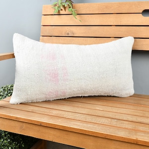 Handmade Kilim Cushion, Pillow for Sofa, 12x24 Home Decor Pillow, Throw Kilim Pillow, White Pillow, Turkish Lumbar Pillow, Hemp Pillow,