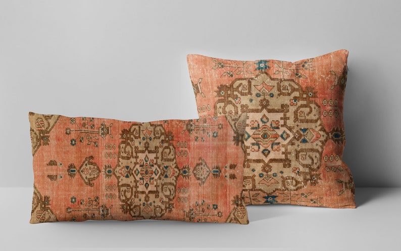 Vintage Turkish Kilim Pillow Cover, Oriental Rug Design, Chenille Fabric imagen 1