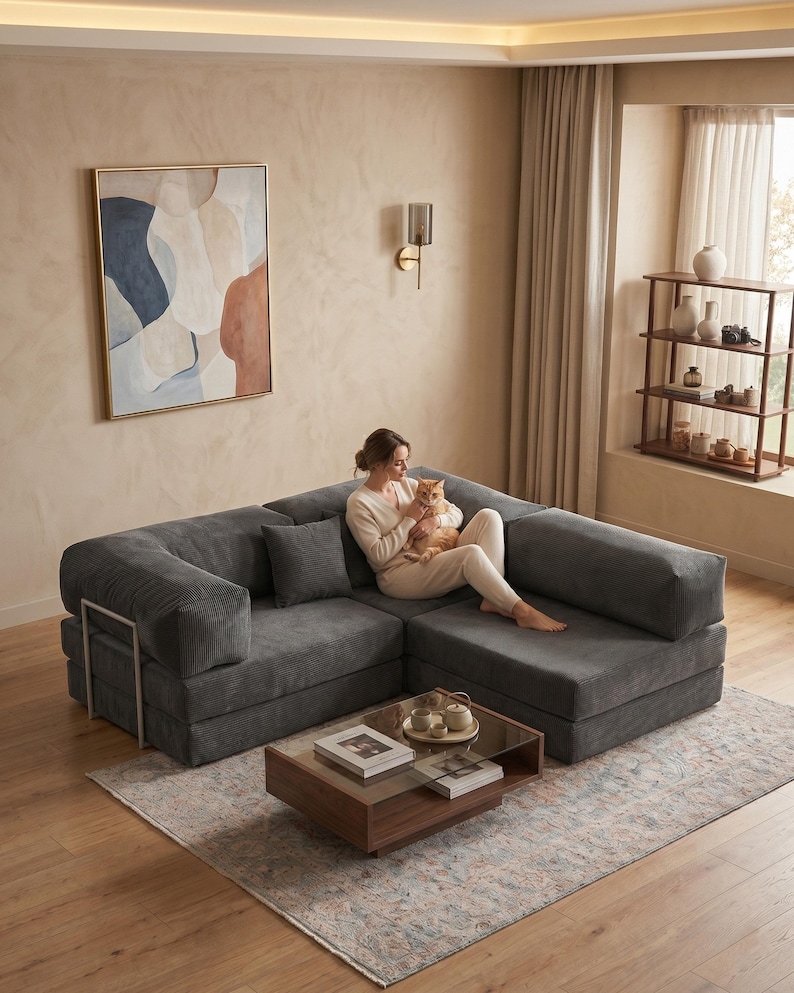 May include: A modern, gray sectional sofa with a corduroy texture. The sofa has a low profile and is paired with a wooden coffee table with a glass top. A decorative painting hangs on the wall, and a rug is on the floor.