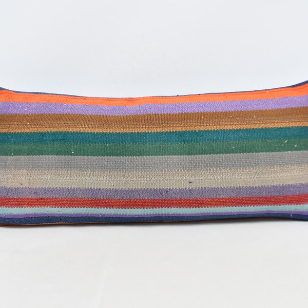 Home Decor Pillow, Kilim Pillow Cover, Turkish Kilim Pillow, Throw Pillow, 16x36 Green Cover, Striped Pillow, Anatolian Case,  490