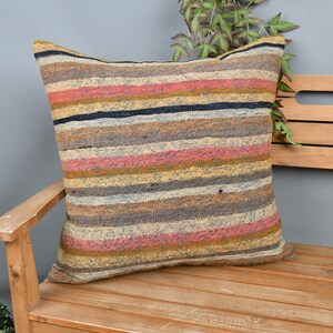 Turkish Pillow, Pillow for Sofa, 24x24 Kilim Pillow Cover, Ethnical Kilim Rug Pillow, Pink Pillow, Colorful Stripe Pillow,