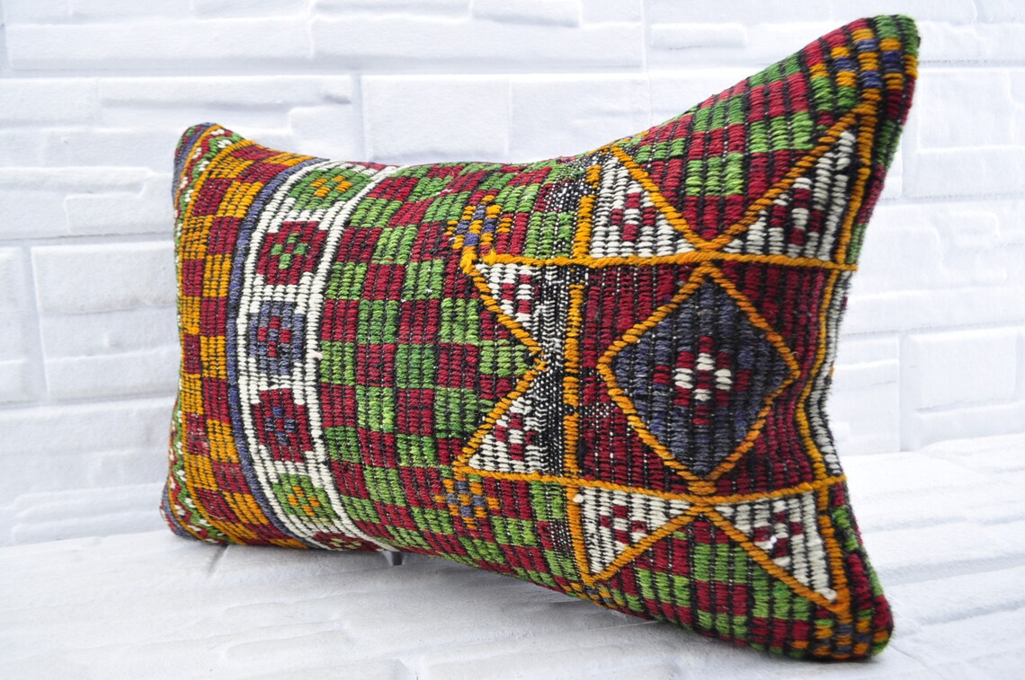 Multicolor Vintage Kilim Pillow 16x24 Lumbar Pillow Etsy