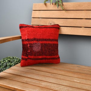 Pillow for Sofa, Handmade Kilim Cushion, 12x12 Turkish Pillow, Interior Designer Pillow, Red Pillow Cover, Patchwork Pillow, Stripe Pillow