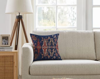 Turkish Boho Cushion, Geometric Oriental Design, Rustic Ethnic Decor, Decorative Sofa Accent Pillow, Navy Red Printed Pillow Cover,