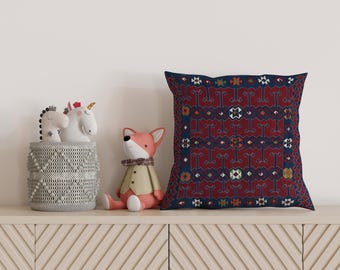 Dark Red and Blue Turkish Pillow Cover, Gift Geometric Kilim Pattern Cushion, Ethnic Boho Decorative Throw Pillow for Cozy Home Decor,