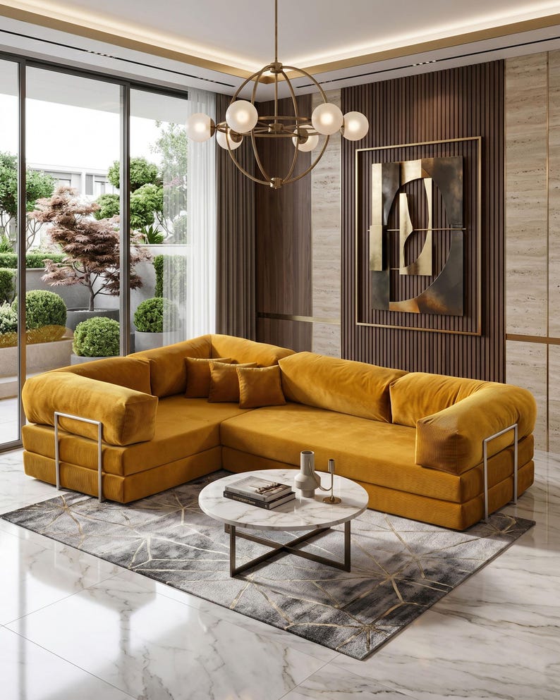Puede incluir: Un sal&oacute;n moderno con un gran sof&aacute; seccional amarillo mostaza con detalles de metal plateado. Una mesa de centro redonda de m&aacute;rmol descansa sobre una alfombra estampada. Una l&aacute;mpara de ara&ntilde;a dorada cuelga encima y una obra de arte abstracta adorna la pared.