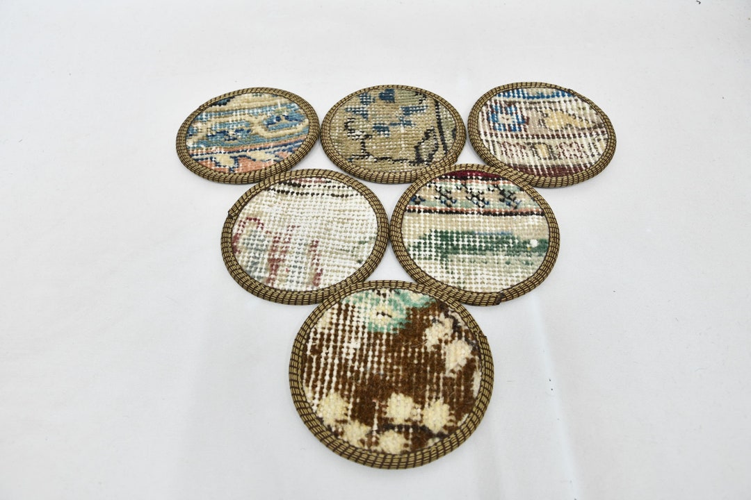 Round Rug Coasters Kitchen Decor, Set of Six, Round Coaster, Brown Pad, Rug Pad, Natural ...