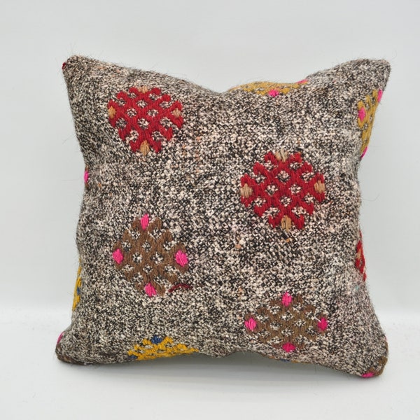 Throw Pillow Cover, Kilim Pillows, Turkish Pillow, 14x14 Seat Pillow, Striped Cushion Case, Embroidered Pillow Cover, Art Cushion Case, 1253