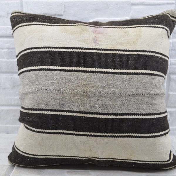 24"x24" Turkish Kilim Pillow, Organic Pillow, Throw Pillow, Striped Pillow, White Pillow, Pillow Cowers, Handmade Pillow, Big size No 790