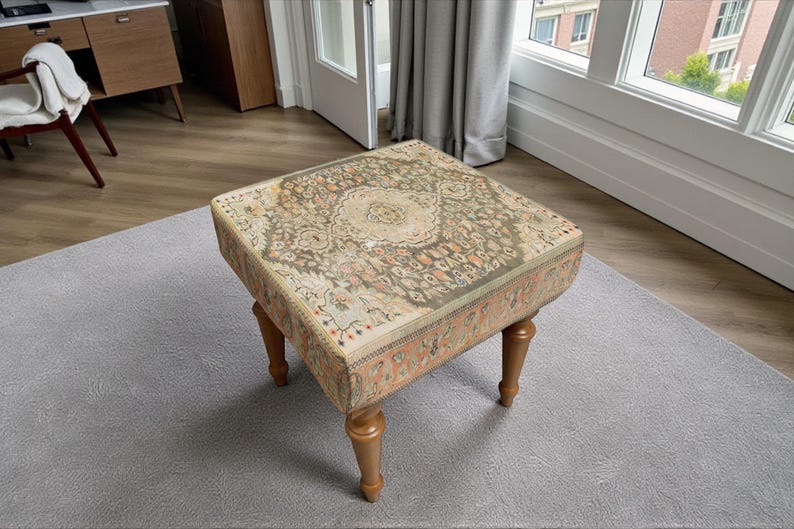 Vintage Medallion Bench, Turkish Rug Bench, Frontdoor Bench, Upholstered Bench, Walnut Bench Seat, Wood Work Bench, Modern Home Decor, image 10