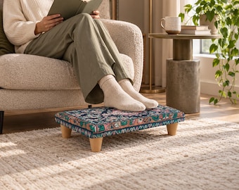 Turquoise Blue Footstool, Low Wooden Leg Foot Rest, Decorative Upholstered Stool, Small Living Room Accent Furniture
